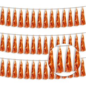 3P Metallic Fringe Tassel Banner Garland Foil Tinsel Streamer Wall Hanging Curtain Backdrop Banner for Parade Floats, Halloween Decorations, Christmas Day, Fall, Thanksgiving Party Decoration (Orange)