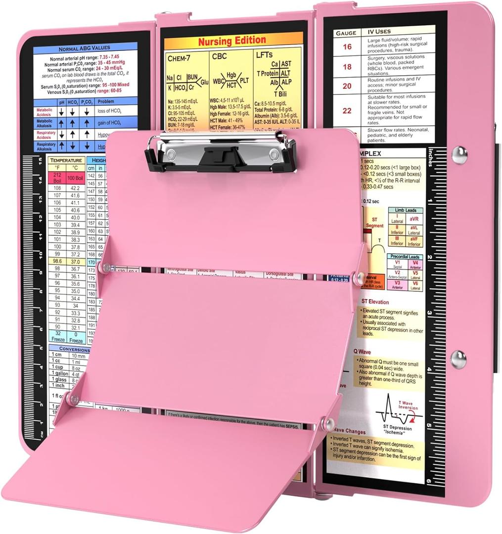 Nursing Clipboard Foldable, Foldable Clipboard w/Nursing Edition Cheat Charts, 3 Layers Aluminum, Nurse Clipboard w/Low Profile Clip&Pen Clip Pocket Clipboard for Students, Nurses and Doctors, Pink