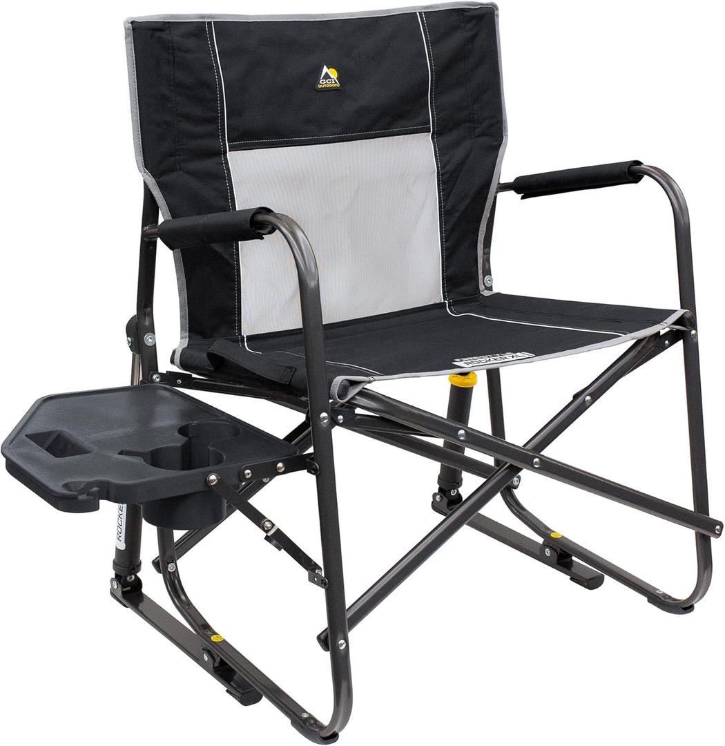 GCI Outdoor Freestyle Rocker XL with Side Table Camping Chair | Portable Folding Rocking Chair with Solid, Durable Armrests, Drink Holder & Comfortable Backrest Black