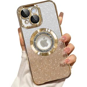 Misscase for iPhone 15 Magnetic Glitter Case Compatible with MagSafe,Full Protection Slim Shockproof Anti-Scratch Case with Camera Lens Protector Logo View Dust-Proof Net for Women Gold