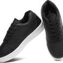 Eydram Womens Sneakers White Faux Leather Tennis Shoes with Memory Foam Insole Low Top Platform Shoes for Women Lace Up Casual Sneakers （Black US7）