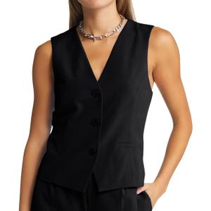 GAMISOTE Women Buttons Vest Crop Vintage Sleeveless V Neck Elastic Chiffon Waistcoat (Medium, Black)