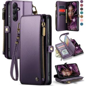 Defencase for Galaxy S26 Case Wallet with RFID Blocking Card Holder for Women, Elegant PU Leather Magnetic Snap Flip Wristlet Strap Zipper Wallet Phone Cases for Samsung Galaxy S26 5G 6.3", Purple
