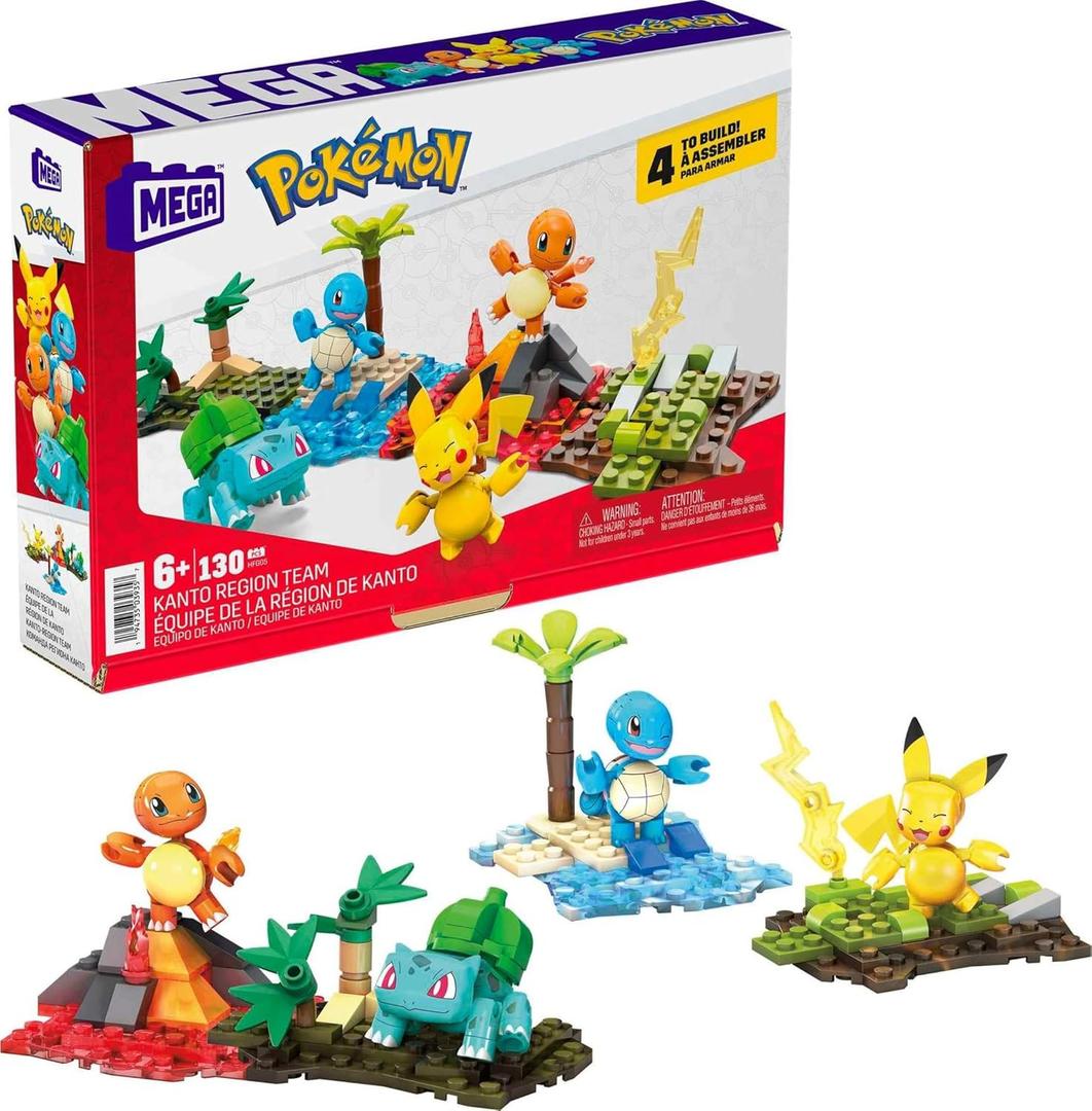 MEGA Pokmon Building Toys Set Kanto Region Team with 130 Pieces, 4 Poseable and Articulated Characters, 2 Inches Tall, for Kids
