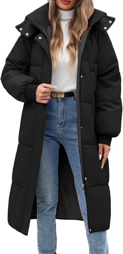 Women Long Puffer Coat Winter Warm Hooded Jacket Long Sleeve Parka Full Length Down Coats With Zip (Medium, Black)