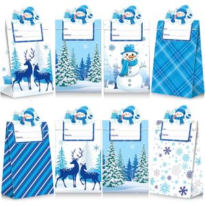 Blosssound 30 Pack Winter Paper Gift Bags Blue Wonderland Treat Bags with Name Stickers Christmas Candy Cookie Craft Party Favors Holiday Festive Home Party Decor Supplies(Winter)