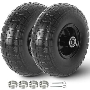 AR-PRO (2 Pack) 4.10/3.50-4 Flat Free Tire and Wheel, 10-Inches Solid Tires for Wheelbarrow, Dolly, Hand Truck, Wagon, Garden Cart, Generator Wheels Replacement - 5/8" Bearings, 2.2" Offset Hub (Black)