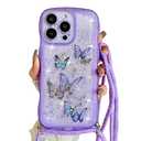 Yzniyzce Crossbody Case for iPhone 16 Pro with Detachable Lanyard, Hands-Free Bling Glitter Silicone Clear Cute Butterfly Curly Wave Woman Girls Cover with Adjustable Necklace Rope, Purple