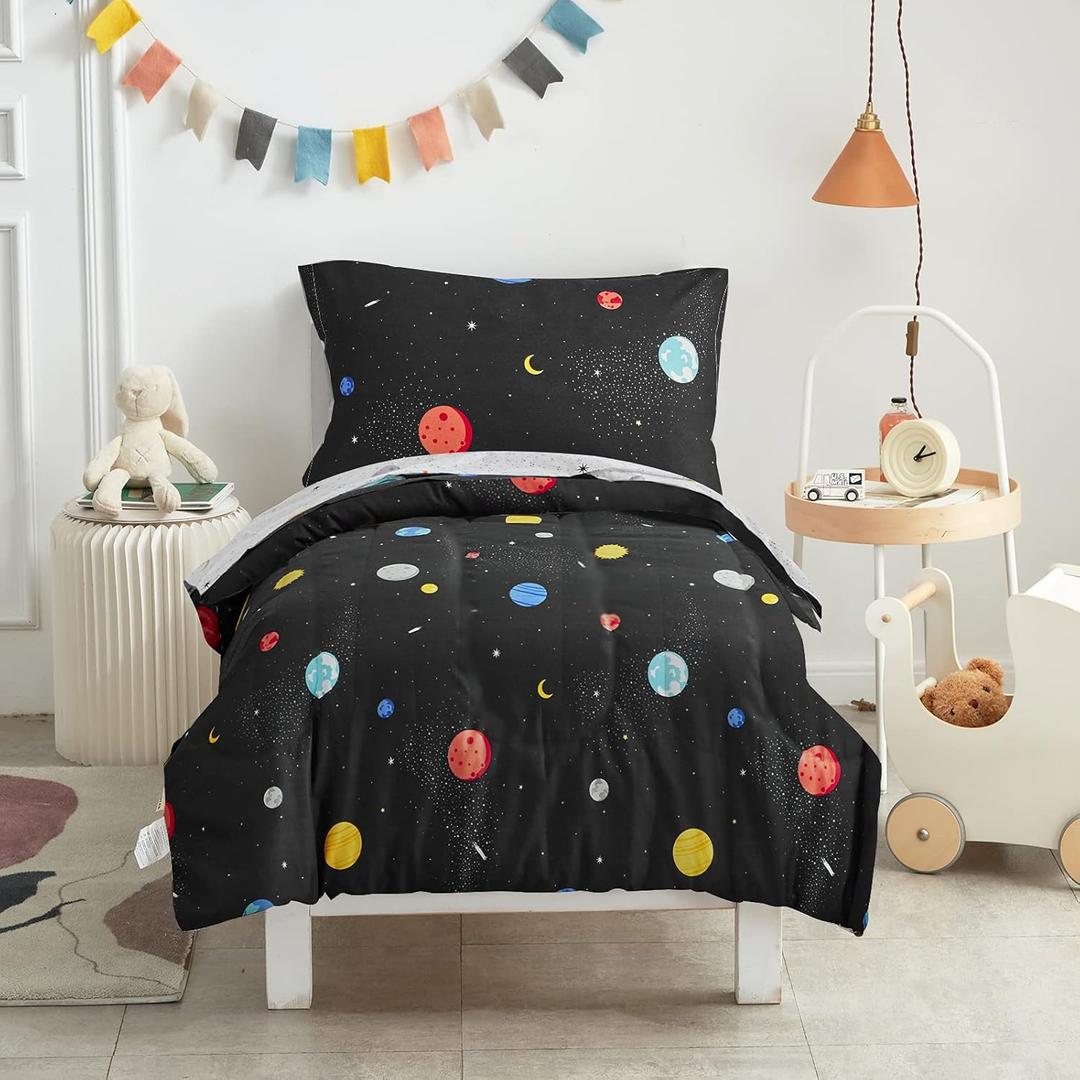 UOZZI BEDDING 4 Pieces Toddler Bedding Set Black Space Style with Stars Planets Black Cute Includes Toddler Size Comforter, Flat Sheet, Fitted Sheet and Pillowcase