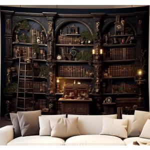 Medieval Bookshelf Tapestry Vintage Bookcase Library Backdrop Old Books Dark Academia Large Tapestries Wall Hanging for Bedroom Living Room Office Zoom Background 90x70in