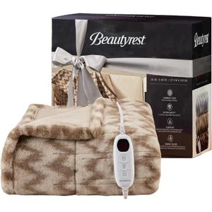 Beautyrest Long Brushed Faux Fur Chevron Pattern Electric Blanket, Auto Shut Off, Virtually Zero EMF, Multi Heat Setting, UL Certified, Machine Washable, Taupe Ikat Throw 50x60