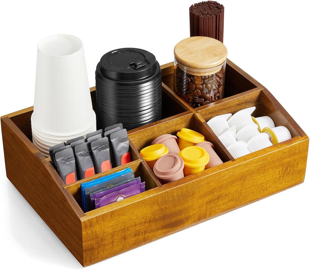 Acacia Wood Coffee Station Organizer for Countertop, Coffee Bar Accessories and Organizer, Pod Holder Storage Basket for K Cup Sugar Tea Bag
