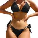 OYOANGLE Women's 2 Piece Chain Linked Halter Triangle Tie Side Bikini Sets Swimsuit Beachwear (Large, Black)