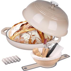 Enameled Cast Iron Dutch Oven Pot with Lid, Bread Oven for Sourdough Bread Baking, Dutch Ovens with Bread Proofing Basket& Baking Supplies Set, 6 Quart, Latte