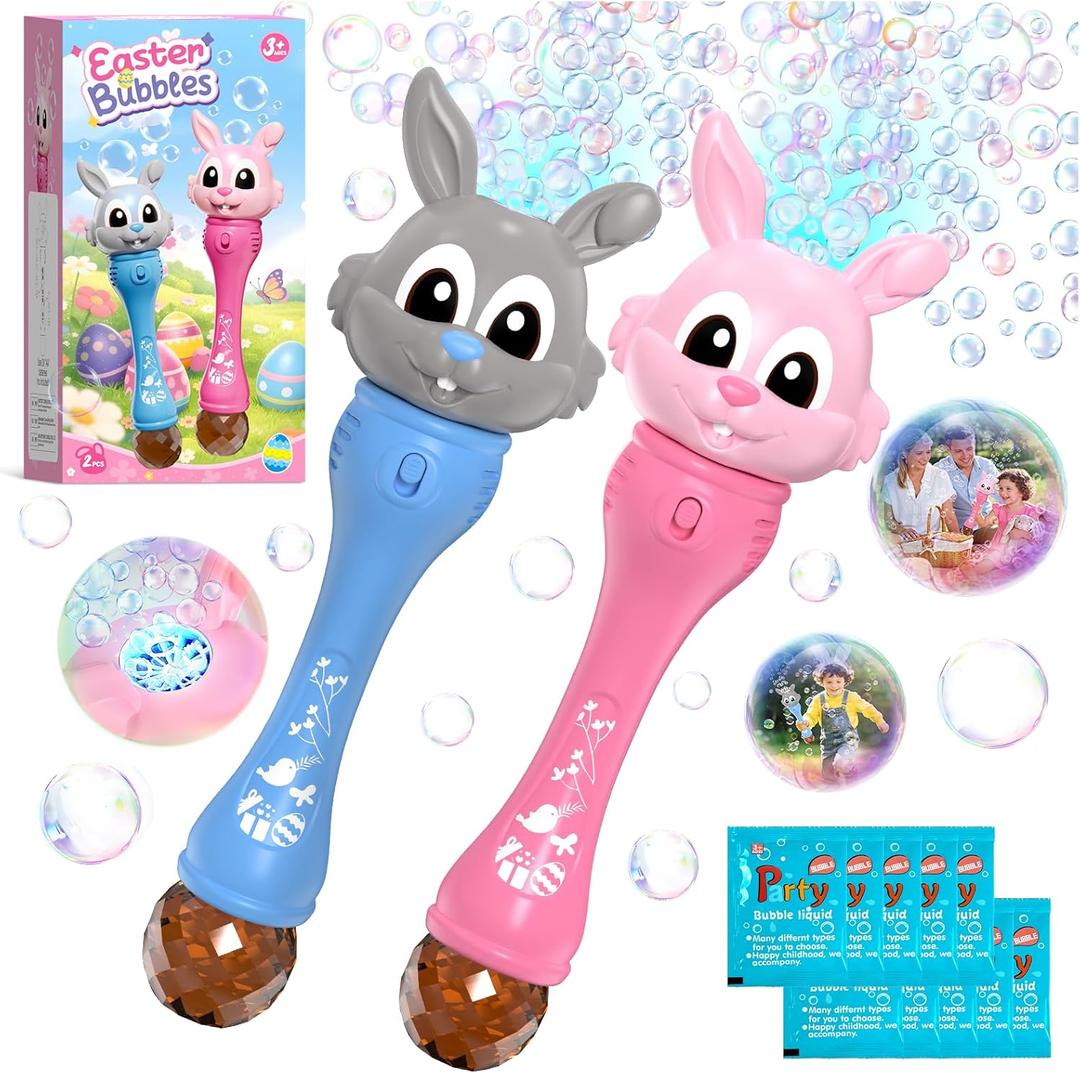 Easter Bubble Wand for Kids 2-Pack, Bunny Bubble Machine with LED Light, Bubble Blower Bubble Maker with 10 Refill Solutions, Outdoor Toys Birthday Gifts for Toddler Boys Girls Age 3+