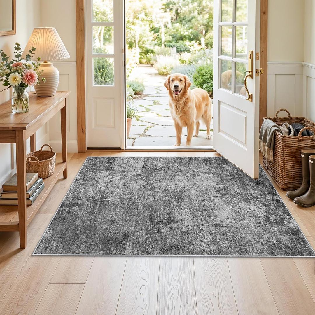 Washable Abstract Entryway Rug 3x4: Indoor Modern Non-Slip Kitchen Rugs Low Pile Stain Resistant Carpet for Entrance Hallway Soft Thin Floor Decor Mat for Bedroom Bathroom(Black/Grey/White, 3X4)