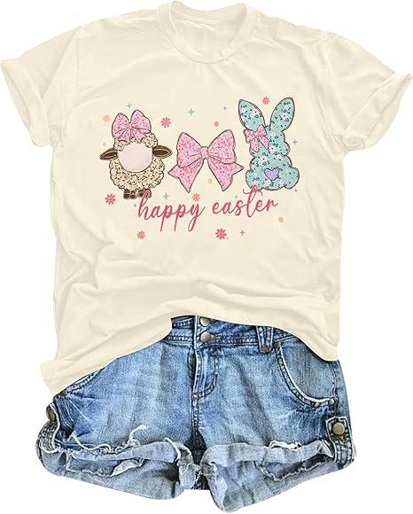 Easter Shirts for Women Happy Easter Tshirt Cute Bunny Rabbit Bow Graphic Tee Casual Short Sleeve Easter Gift Tops B-Apricot, Large