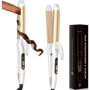 Dual Voltage Curling Iron Travel 2 in 1 Curl and Straightener (110V-240V) 1.25 Inch Normal Size Hair Curle Ceramic with EU/ UK Plug Adapter Curling Wand Adjustable Temperature Anti-Tangle (Off-White)