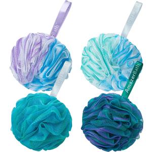 AmazerBath Loofah Sponge 75g/Piece, Exfoliating Bath Sponge Body Scrubber - Loofa Set of 4 Flower Color (Large, Green-Purple)