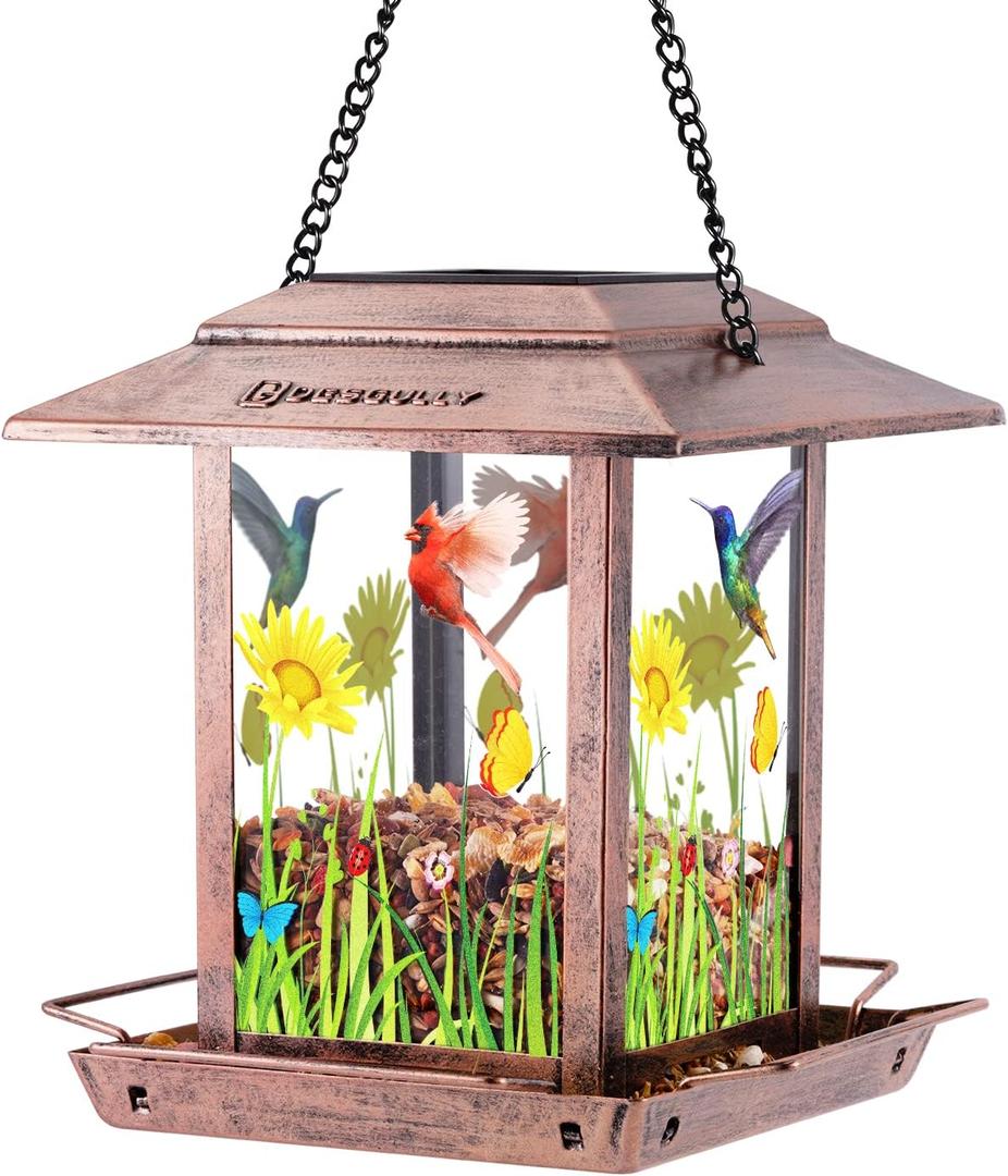 DesGully Solar Bird Feeders for Outdoors - 2.5 LBs Metal Wild Large & Small Bird Feeder for Outside Hanging, Gift Ideas for Avian Enthusiast Garden Yard Seeds (Chew-Proof, Weather Resistance)