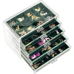 ProCase Earring Holder Organizer Jewelry Box with 5 Drawers, Acrylic Clear Earring Case with Adjustable Velvet Trays for Women - Emerald, 5 Layers