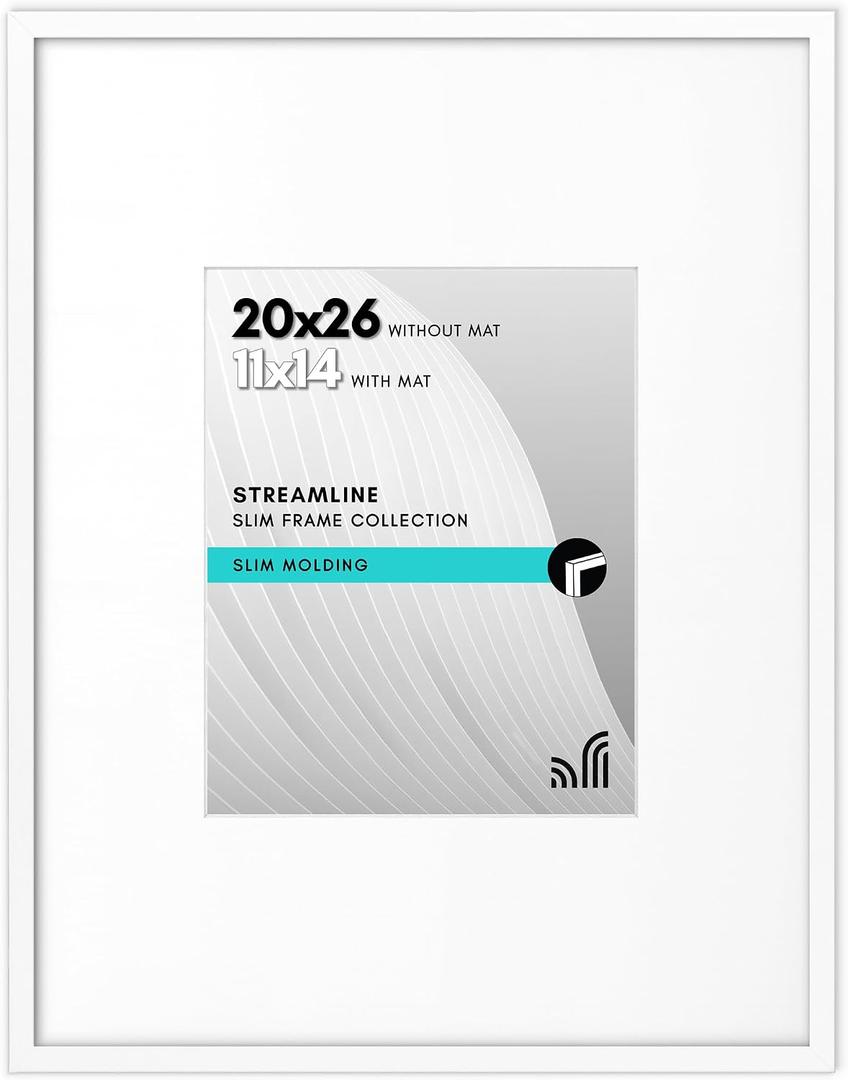 Americanflat 20x26 Picture Frame with Polished Plexiglass - Use as 11x14 Frame with Mat or Display 20x26 Photo Without Mat - Streamline Collection - Thin Border Picture Frames for Wall - White