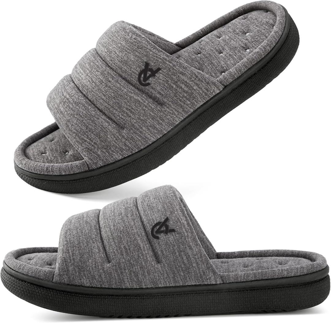 VeraCosy Mens Open-Toe Slippers Memory Foam Indoor Outdoor House Shoes, 9-10