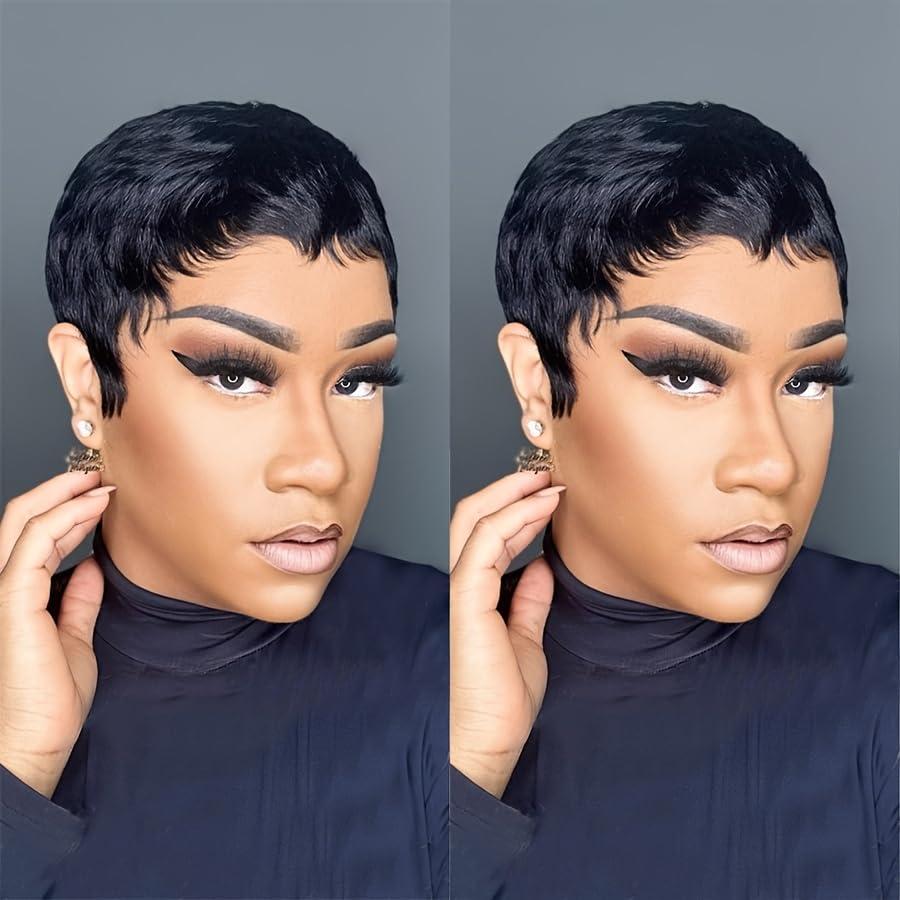 Short Straight Pixie Cut Wigs with Bangs for Black Women Brazilian Virgin Human Hair Short Layered Wigs Non-Gel Full Machine Made Glueless Rose Net Cap with 1B Color