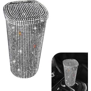 Bling Car Trash Can, Sparkly Rhinestone Cup Holder Car Garbage Can with Trash Bags, Universal for Cars, Offices, Homes  Stylish Cars Interior Accessory for Women (White)