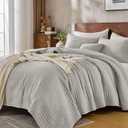 DOWN HOME Queen Quilt Bedding Set with Shams, Vintage Washed Soft Quilted Blanket Thin Comforter Lightweight Bedspread Coverlet Bed Cover, Brushed Microfiber Stripe Stitching, Light Gray, 86"x90"