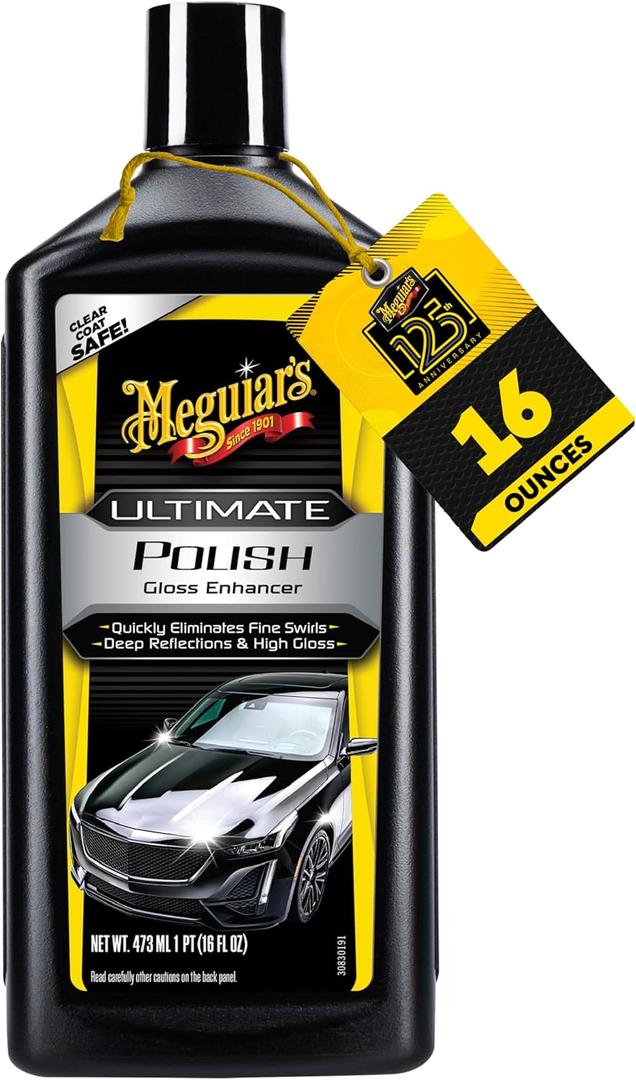 Meguiars Ultimate Polish High-Gloss Polish for a Show Car Shine Permanently Removes Light Swirls to Produce a Deep, Wet Reflection with a High Gloss Shine - Easy to Use, 16 Oz