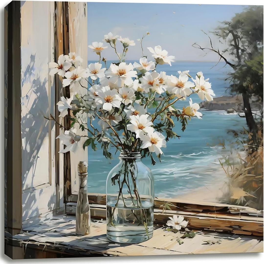 Weiyiart Floral Bathroom Wall Art Blue Ocean Flower Pictures Modern Decor Artwork Canvas Print Coastal Seascape Painting Seaside Artwork Bathroom Living Room Bedroom Decor 20" x 20"