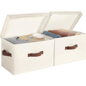 StorageWorks Fabric Storage Bins with Lid, Decorative Storage Boxes for Shelves, Stackable Closet Organizer Basket with Handles, Large, Ivory White, 2-Pack