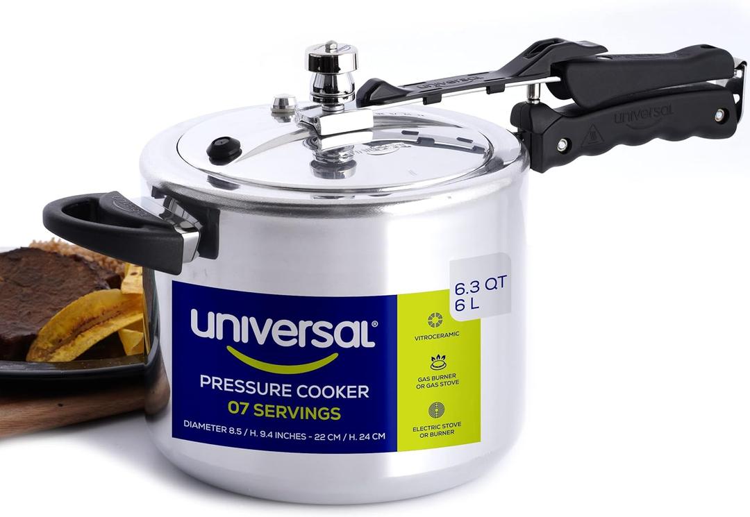 Universal (6.3 Quart / 6 Liter) Pressure Cooker, 7 Servings, Aluminum Pressure Cooker With Multiple Safety Systems and Heat Resistant Handles For Stews, Soup, Meat, and Beans (6.3 Qt / 6 L)