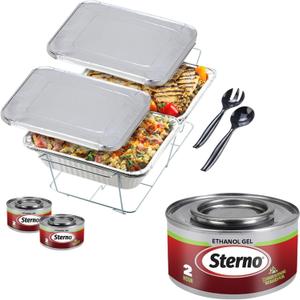 Sterno Chafing Dish Buffet Set with Lids, 2 Ethanol Fuel Cans, 1 Wire Rack with Water Pan & 2 Food Pans, Lids, Serving Utensils Included for Catering & Parties (Silver)