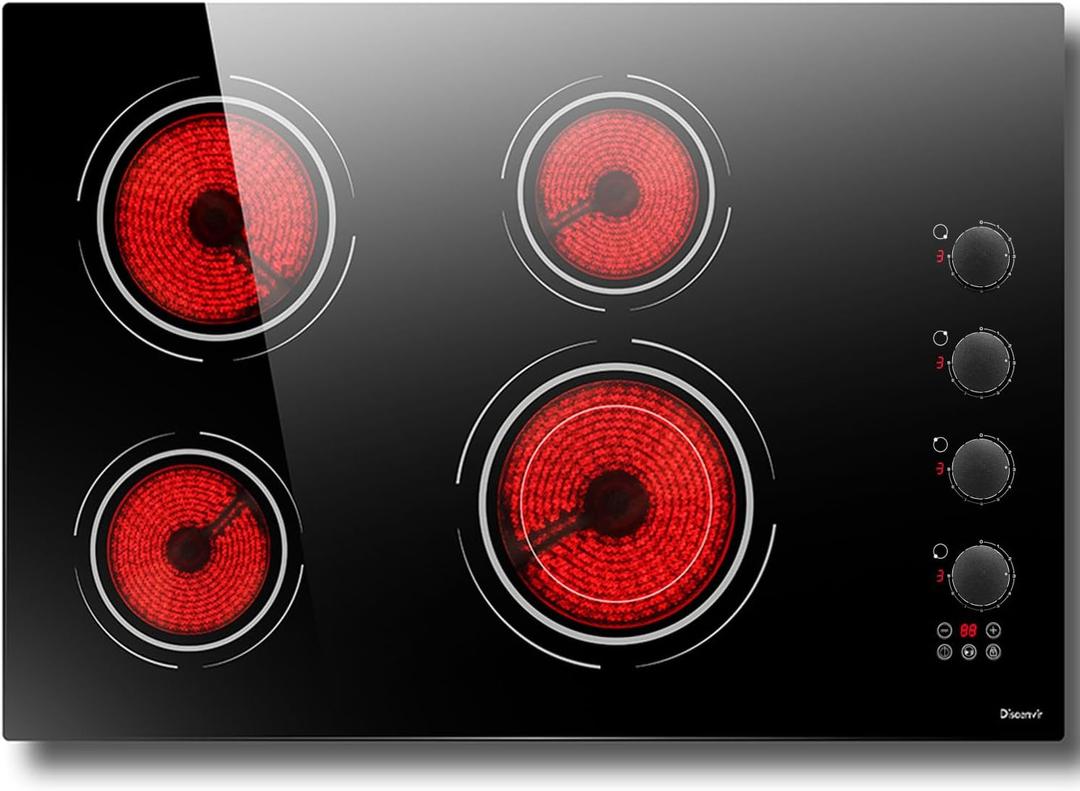 30 Inch Electric Cooktop 4 Burner - Built-in(29.13"x19.3") Ceramic Stove 6700W, 30" Radiant Electric Cooktop with Timer, Safety Lock, Pause, Dual Ring, 220V - 240V Hard Wired (Black Knob), 30.3" x 20.5"