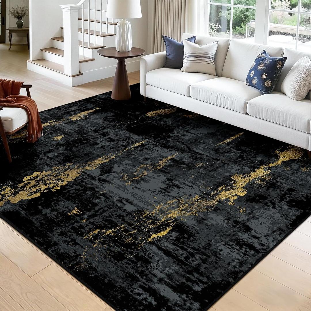 RELEANY Washable Square 9'x9' Area Rug for Living Room Black Gold | Carpet for Bedroom, Kitchen, Office, Hallway and Entryway, Printed Pattern, NonSlip, Soft, StainResistant, Easy to Clean