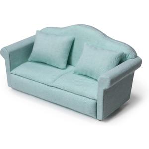 Dollhouse Couch Miniature Sofa with Pillows Dollhouse Living Room Funiture 1:12 Scale Model 3 Pcs High Simulation Upholstered Wooden Fabric Armchair Mini Room Artificial House Scene Decoration (Green)