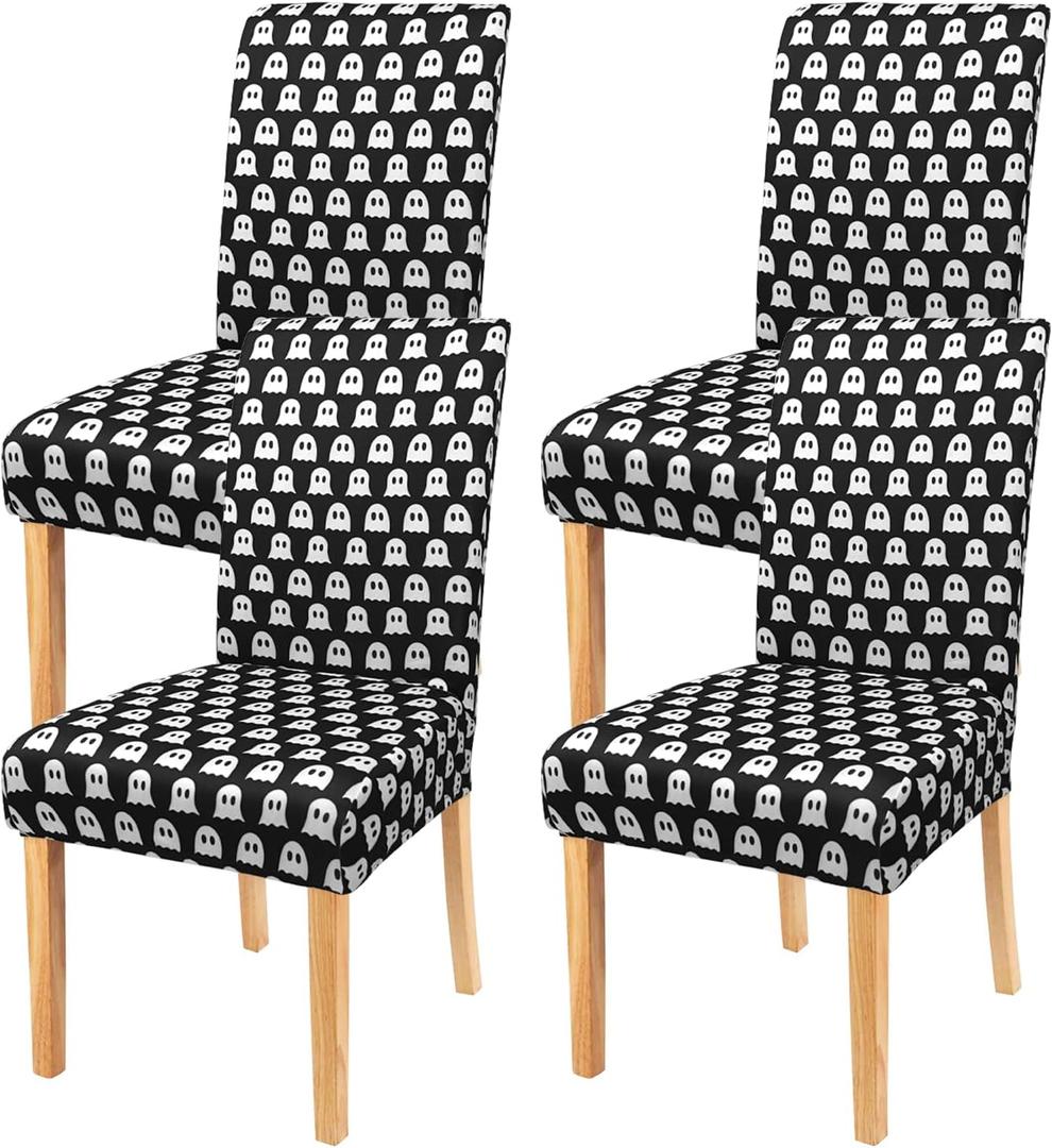 Halloween Chair Covers Set of 4,Ghost Dining Chair Slipcovers,Elastic Removable Washable Dining Parsons Chair Protectors,Halloween Decor for Home Black