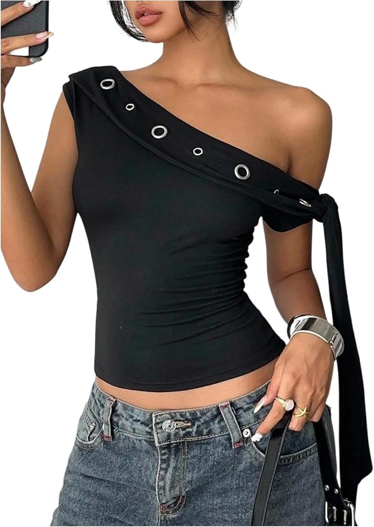SweatyRocks Women's Y2K One Off The Shoulder Tops Punk Tie Knot Going Out Crop Tank Top (Black, S)
