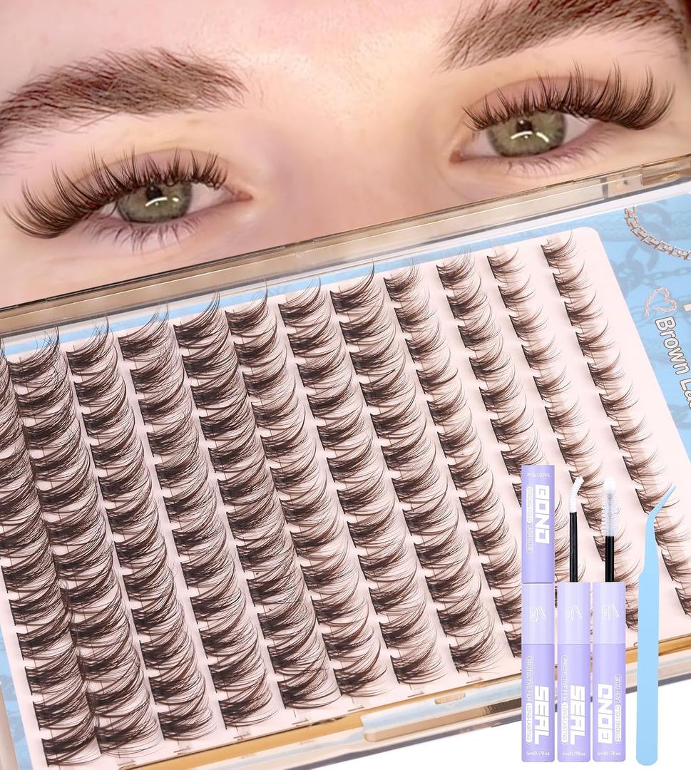 Brown Lash Clusters Kit Fairy Eyelash Clusters Natural Lash Extensions Kit Wispy Cluster Eyelash Extensions 3D Dark Brown Individual Eyelashes with Lash Bond and Seal, Tweezers CC-Curly 8-16MM 144PCS