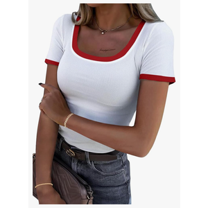 Avanova Women Ringer Scoop Neck Tee Shirts Short Sleeve Ribbed Knit Slim Fit Top XL