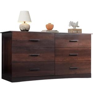 WLIVE Wood Dresser for Bedroom, Wide Chest of Drawers with 6 Drawers, Large Brown Storage Tower Unit, Modern Minimalist Closet Store Organizer for Living Room