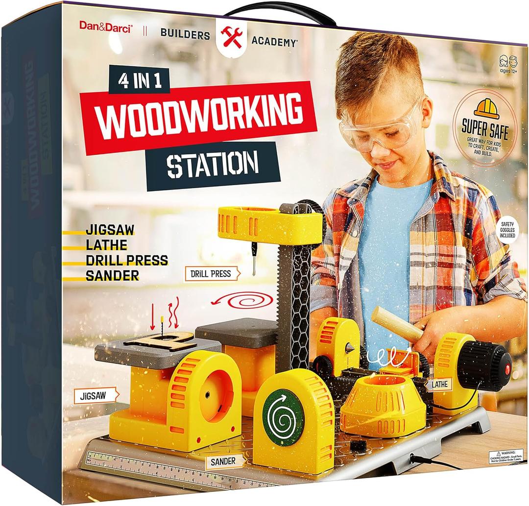 Dan&Darci 4 in 1 Woodworking Station for Kids - Wood Building Projects Kit for Boys - Real Construction Tools Sets - Boy Tool Set - Gifts Age 8 Year Old - Cool STEM Toys Kits Birthday Gift Ideas