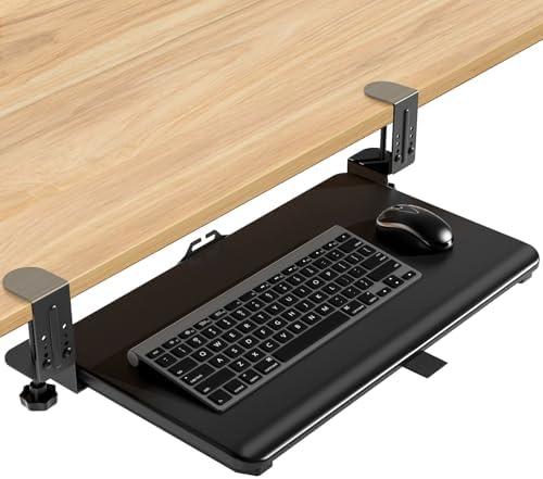 YOMT Adjustable Keyboard Tray Under Desk, Pull-Out Computer Keyboard Drawer with C-Clamp, 20” (24.2” Including Clamps) x 13” Slide-Out Platform Computer Drawer for Typing, Black