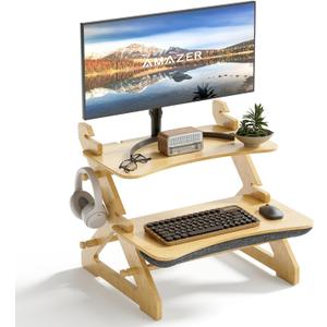 Amazer Bamboo Standing Desk Converter, 22 inch Small Sit Stand Up Desk Riser Computer Desktop Desk Converter for Monitor and Laptop with Keyboard Tray