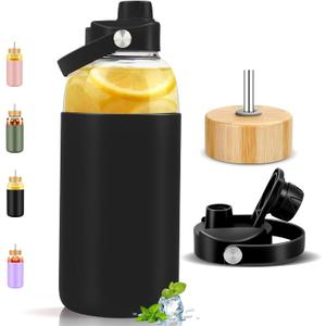 PROBTTL Glass Water Bottles 64 oz, Half Gallon Glass Water Bottle with Straw, Silicone Sleeve, 2 Lids - Handle Spout & Bamboo Straw Lid (Black)