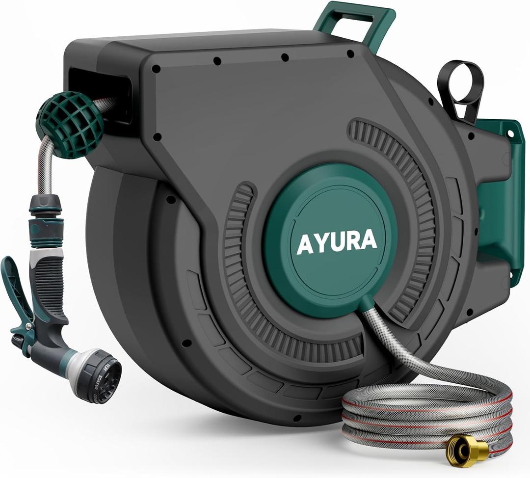 AYURA Retractable Garden Hose Reel 100 ft x 1/2 inch with Pro Metal Shaft, Heavy Duty Automatic Garden Hose Reels with Kink-Free Rewind and Lock at Any Length, Wall Mount Water Hose Reel for Outside (Green)