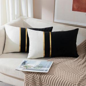 ZLINA Set of 2 Velvet Decorative Lumbar Pillow Covers Black White Patchwork with Gold Leather Pillow Covers 12x 20 Inch Cushion Covers Decor Living Room Sofa Bedroom Car