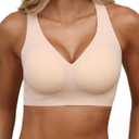 HORISUN Women Wireless Bras Seamless Cross Back V Neck No Underwire Bralette Comfort T Shirt Bra (Large, Nude)